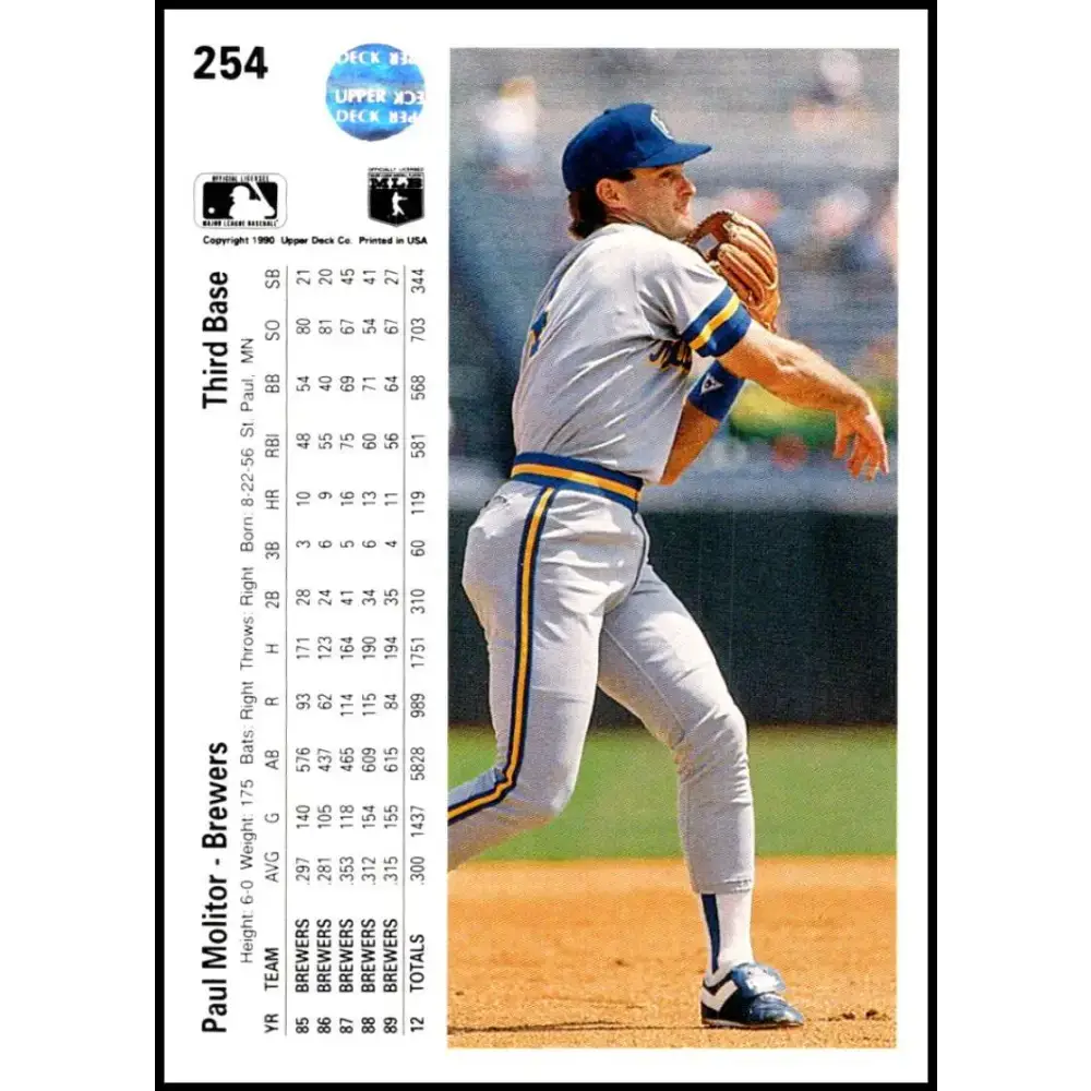 1990 Upper Deck #254 Paul Molitor NM-MT Milwaukee Brewers Baseball Card - Baseball Card Single