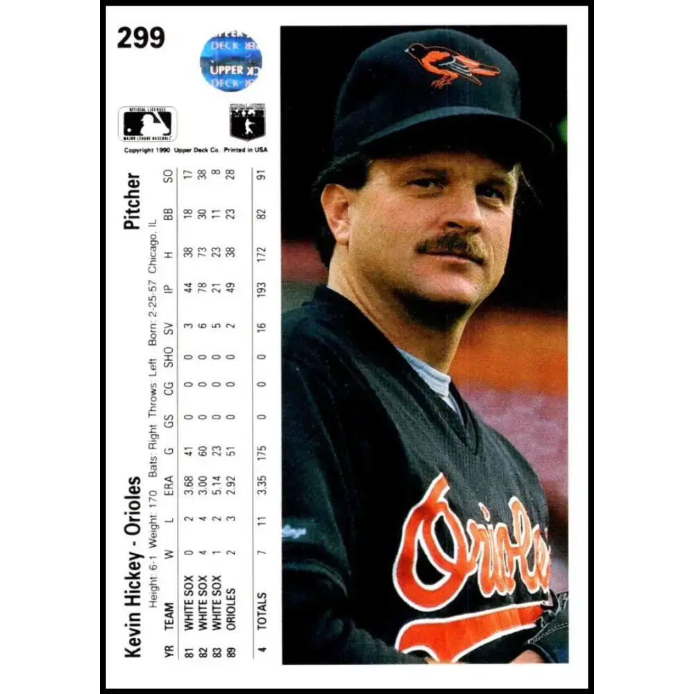 1990 Upper Deck #299 Kevin Hickey NM-MT Baltimore Orioles Baseball Card - Baseball Card Single