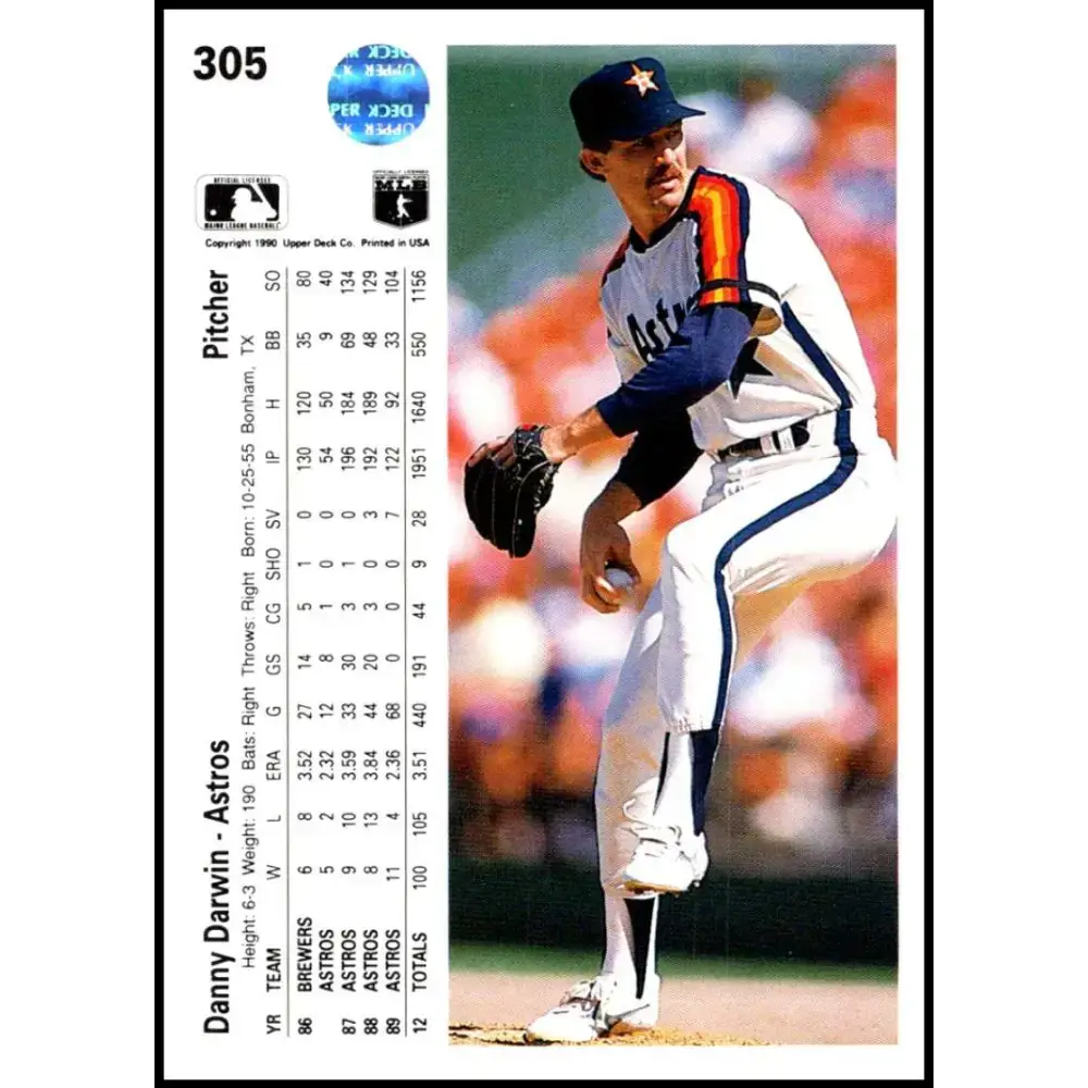 1990 Upper Deck #305 Danny Darwin NM-MT Houston Astros Baseball Card - Baseball Card Single