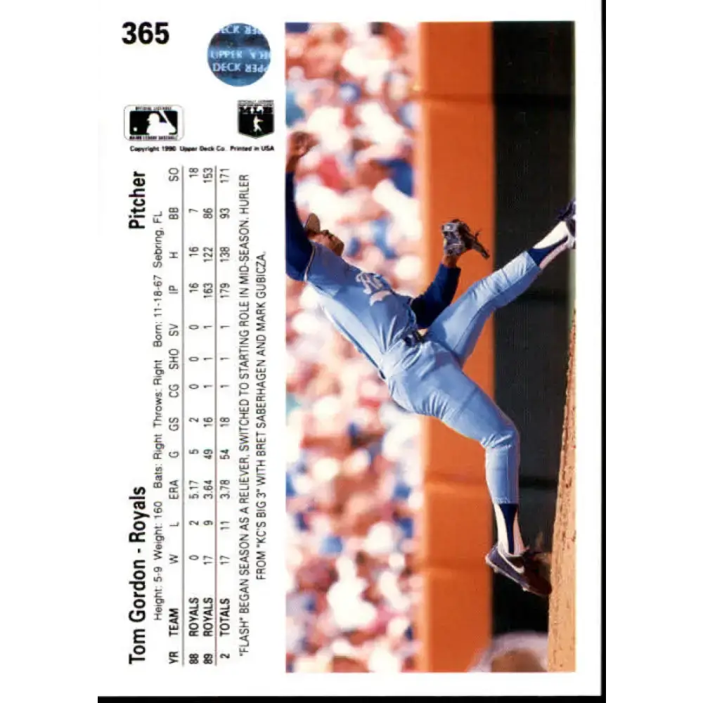 1990 Upper Deck #365 Tom Gordon NM-MT Kansas City Royals Baseball Card - Baseball Card Single