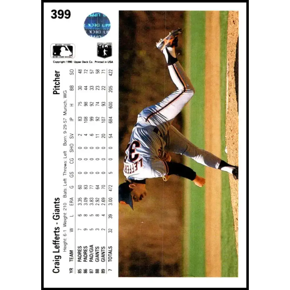 1990 Upper Deck #399 Craig Lefferts NM-MT San Francisco Giants Baseball Card - Baseball Card Single