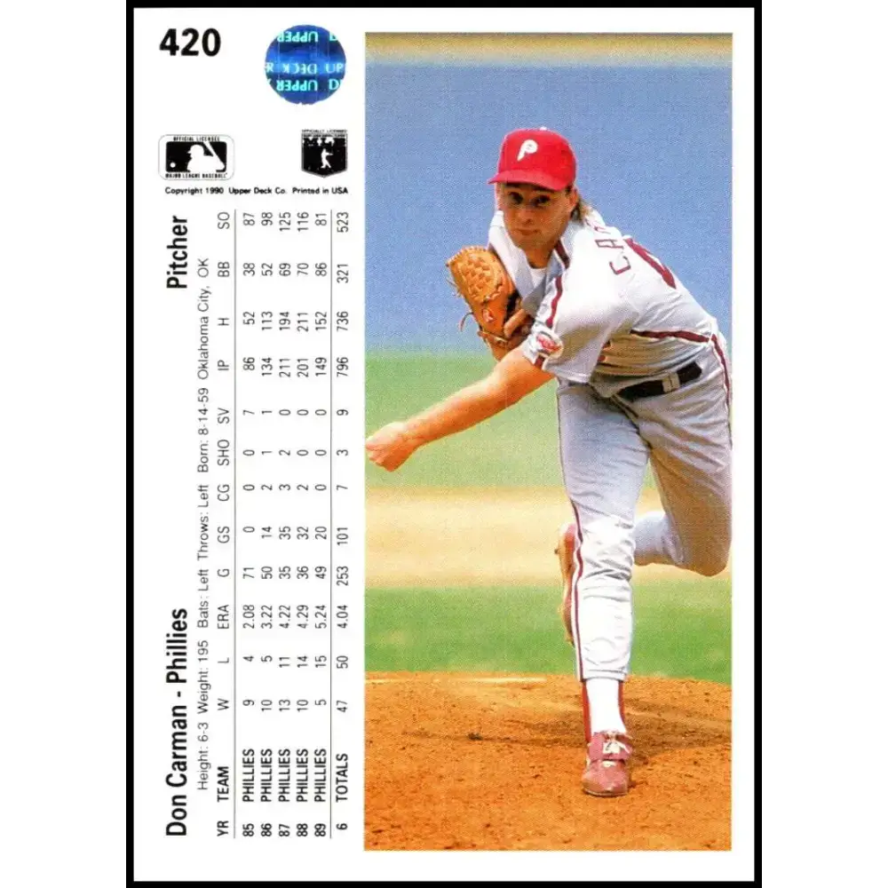 1990 Upper Deck #420 Don Carman NM-MT Philadelphia Phillies Baseball Card - Baseball Card Single