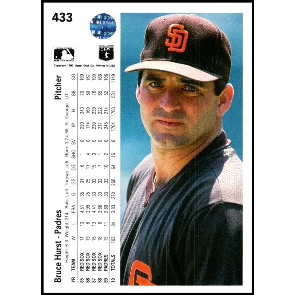 1990 Upper Deck #433 Bruce Hurst NM-MT San Diego Padres Baseball Card - Baseball Card Single