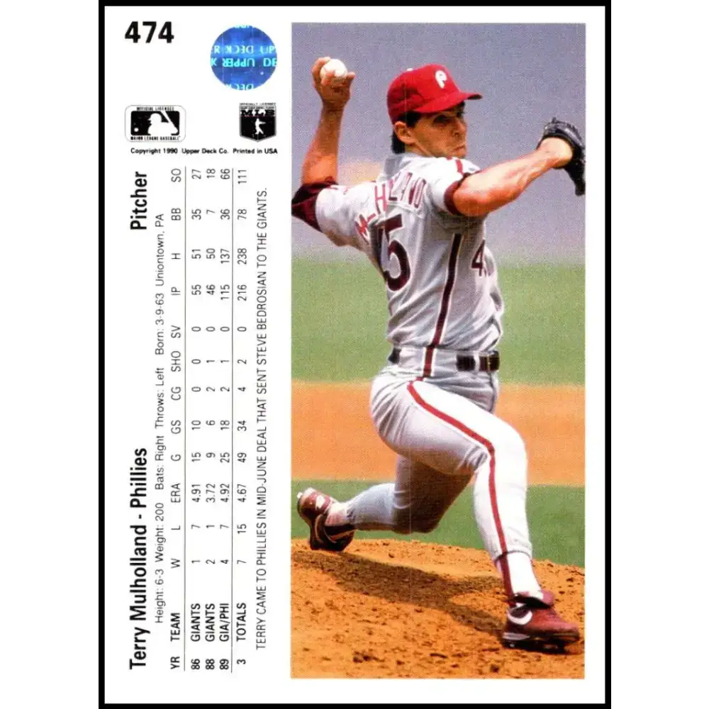 1990 Upper Deck #474 Terry Mulholland NM-MT Philadelphia Phillies Baseball Card - Baseball Card Single
