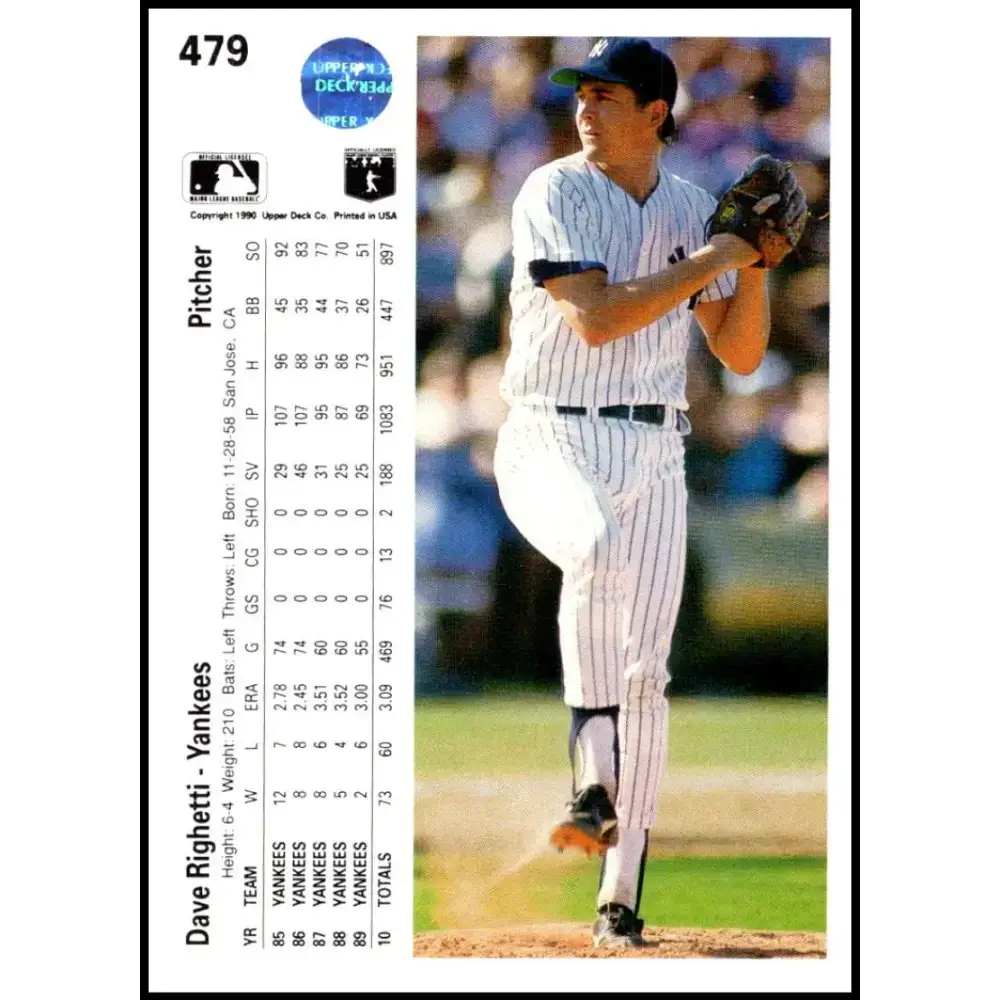 1990 Upper Deck #479 Dave Righetti NM-MT New York Yankees Baseball Card - Baseball Card Single
