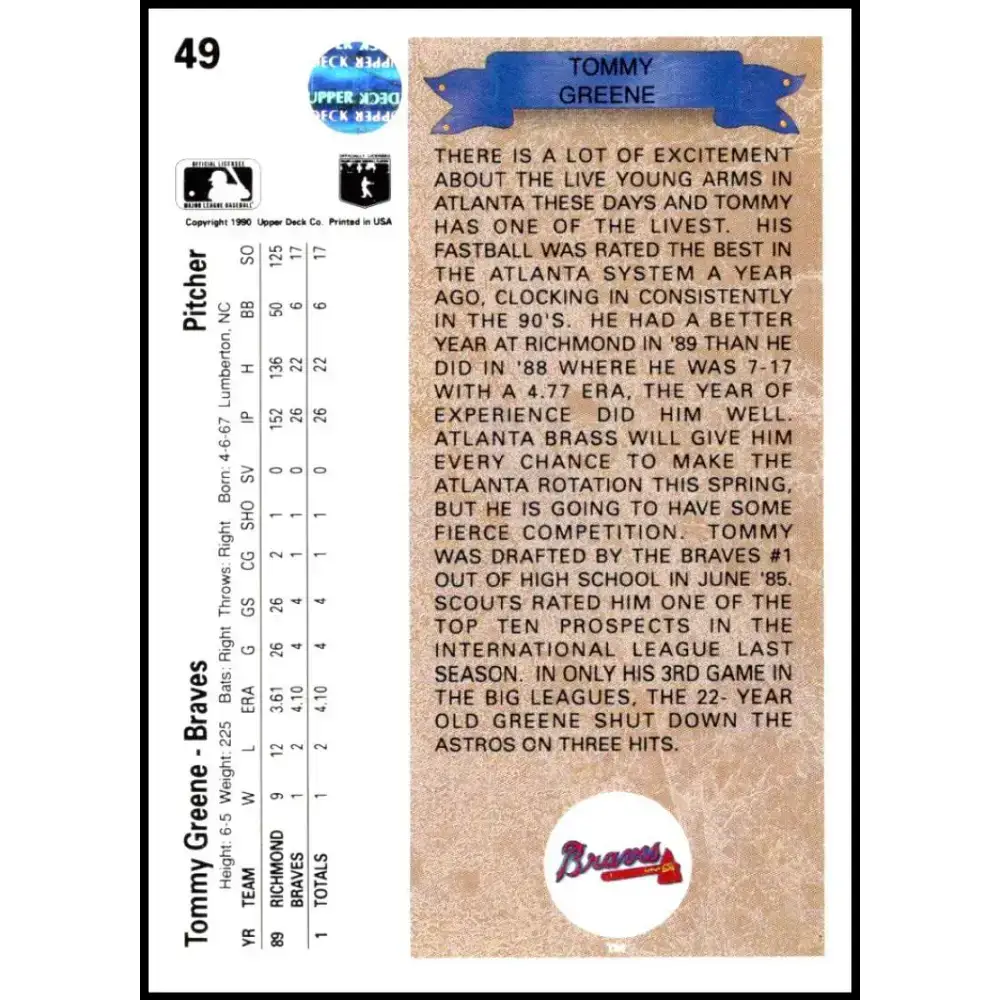 1990 Upper Deck #49 Tommy Greene UER NM-MT RC Rookie Atlanta Braves Baseball Card - Baseball Card Single