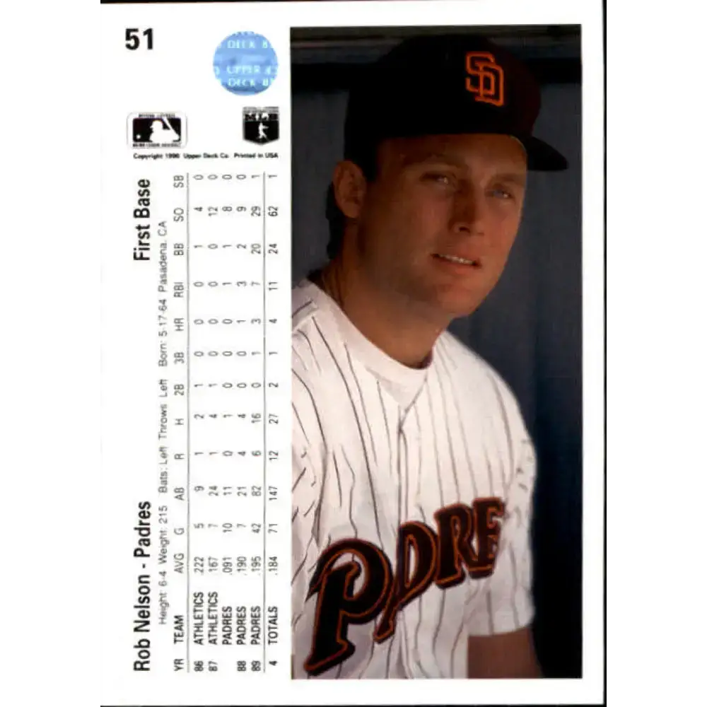 1990 Upper Deck #51 Rob Nelson NM-MT San Diego Padres Baseball Card - Baseball Card Single