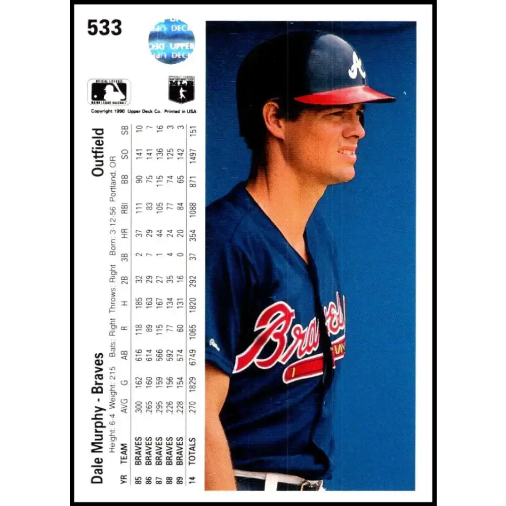 1990 Upper Deck #533 Dale Murphy NM-MT Atlanta Braves Baseball Card - Baseball Card Single