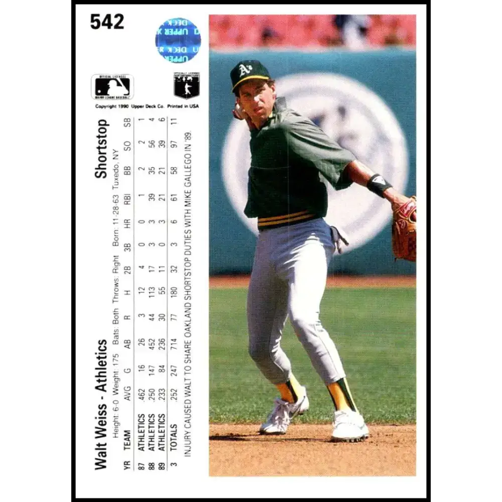 1990 Upper Deck #542 Walt Weiss NM-MT Oakland Athletics Baseball Card - Baseball Card Single