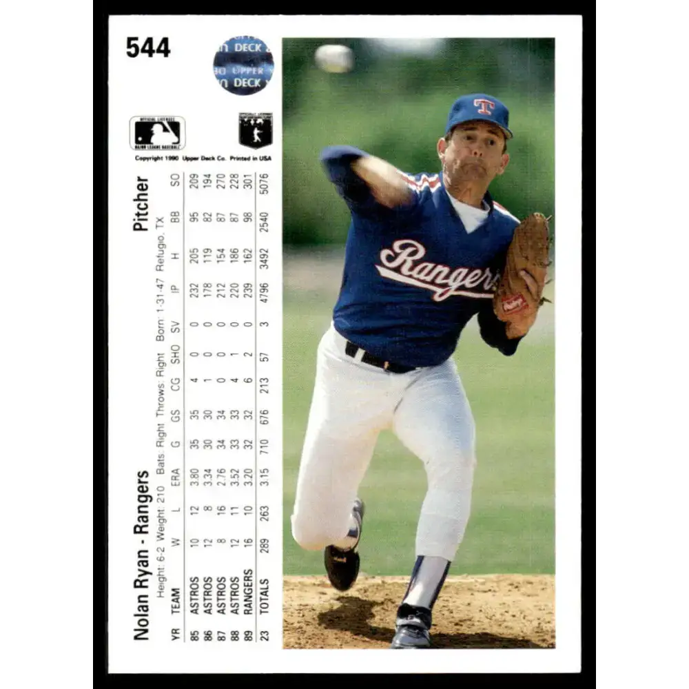 1990 Upper Deck #544 Nolan Ryan EX/NM Texas Rangers Baseball Card - Baseball Card Single