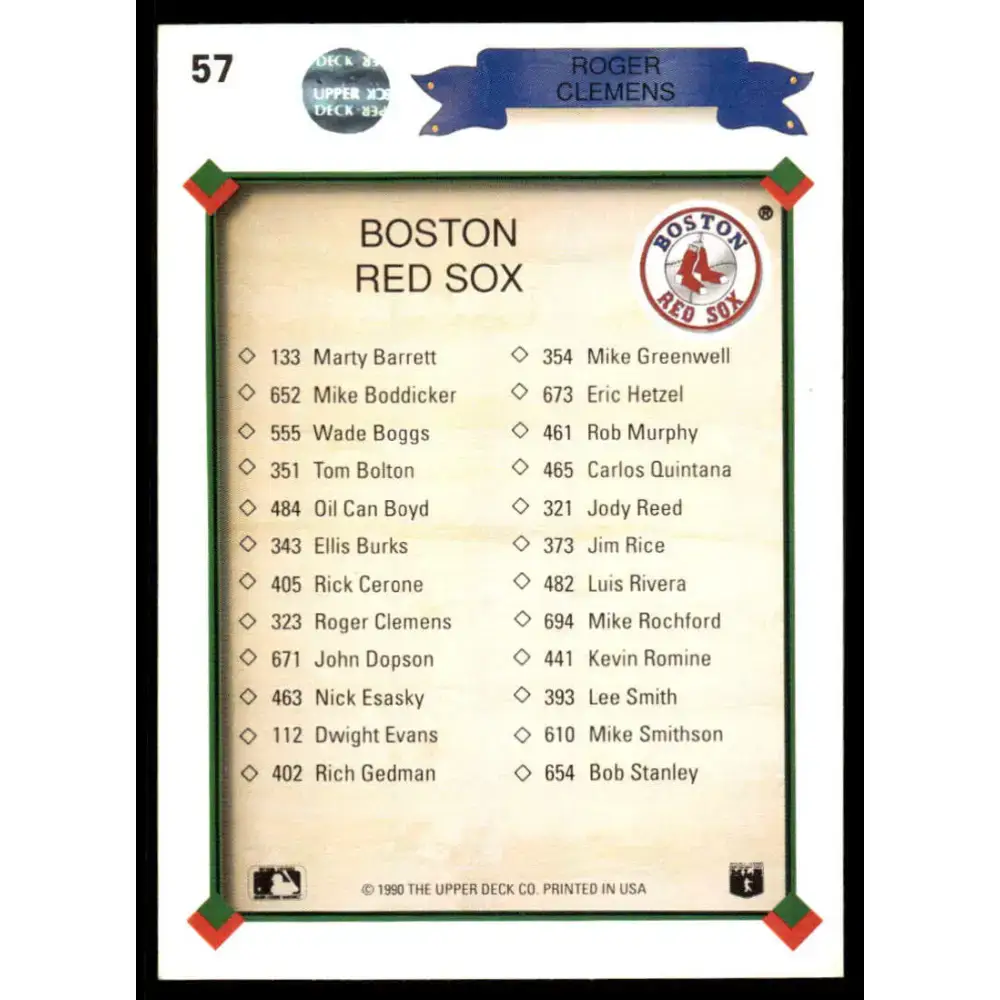 1990 Upper Deck #57 Roger Clemens EX/NM Boston Red Sox Baseball Card - Baseball Card Single