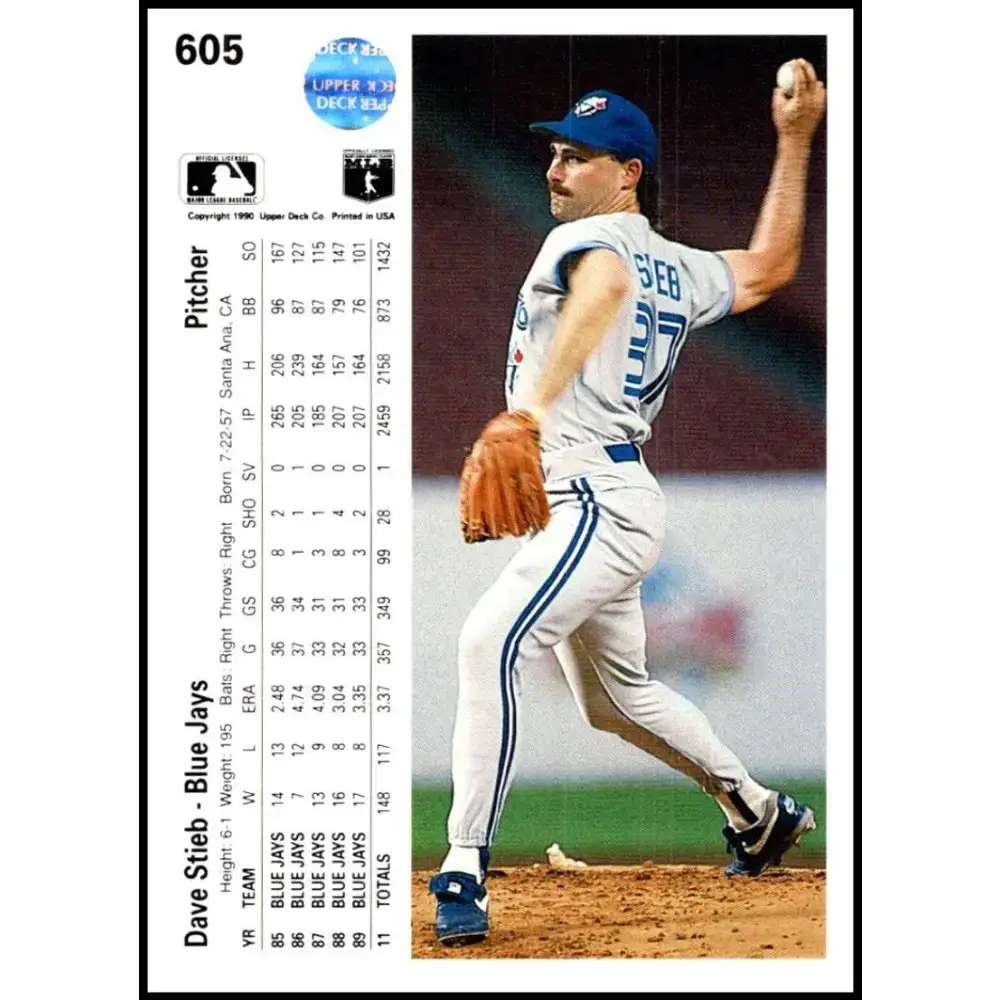 1990 Upper Deck #605 Dave Stieb NM-MT Toronto Blue Jays Baseball Card - Baseball Card Single