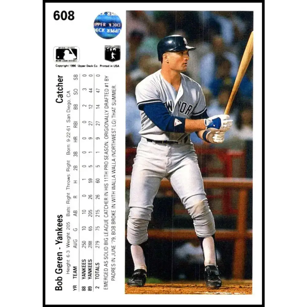1990 Upper Deck #608 Bob Geren UER NM-MT New York Yankees Baseball Card - Baseball Card Single