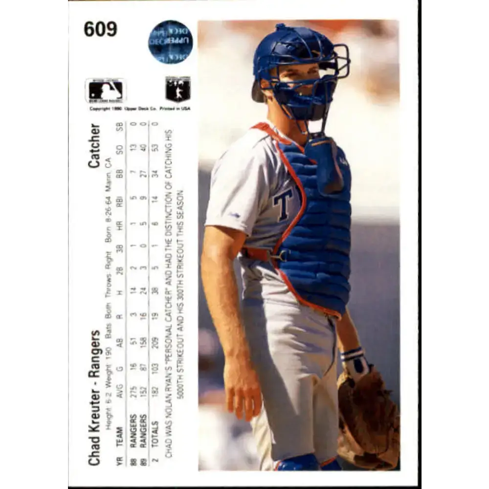 1990 Upper Deck #609 Chad Kreuter NM-MT Texas Rangers Baseball Card - Baseball Card Single