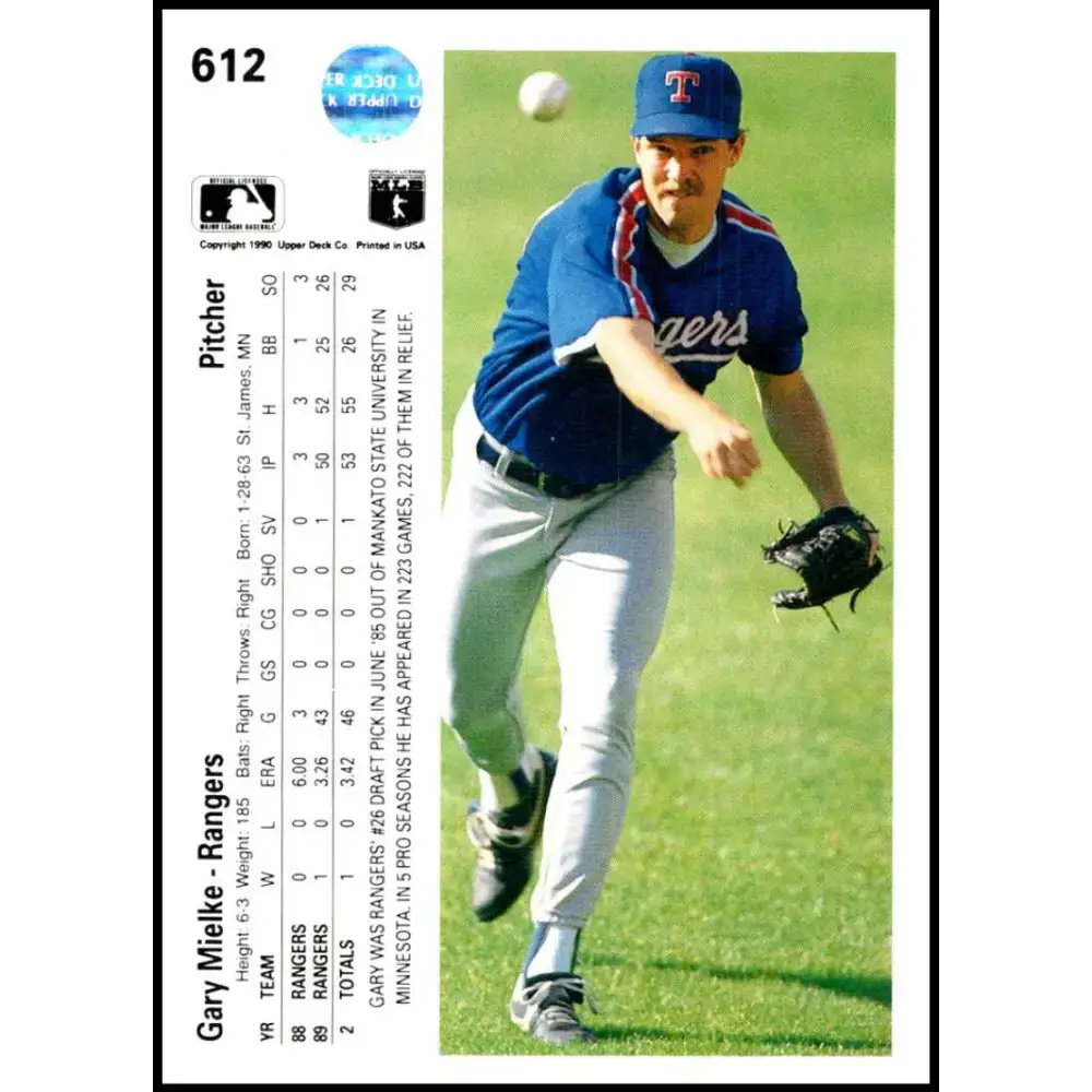 1990 Upper Deck #612 Gary Mielke NM-MT RC Rookie Texas Rangers Baseball Card - Baseball Card Single
