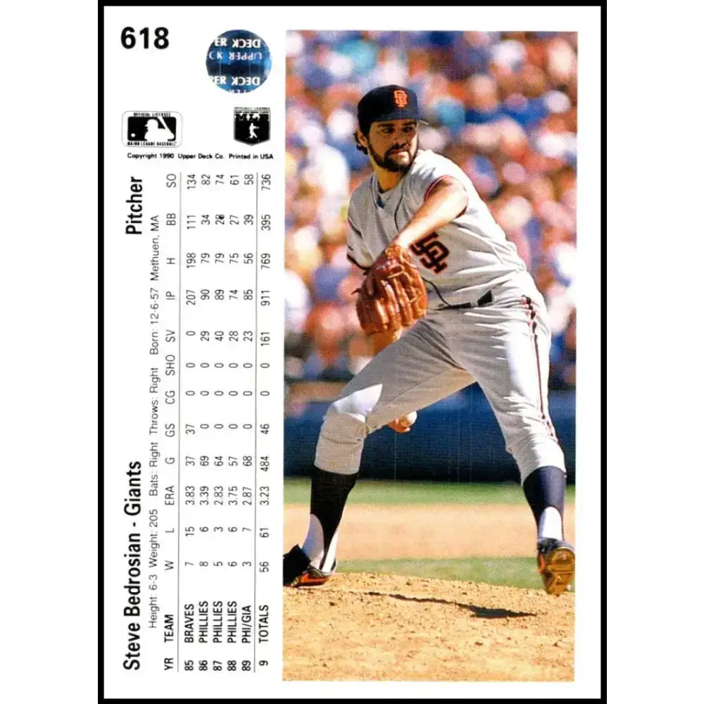 1990 Upper Deck #618 Steve Bedrosian NM-MT San Francisco Giants Baseball Card - Baseball Card Single