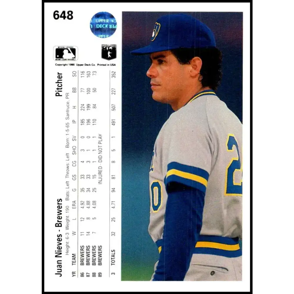 1990 Upper Deck #648 Juan Nieves NM-MT Milwaukee Brewers Baseball Card - Baseball Card Single