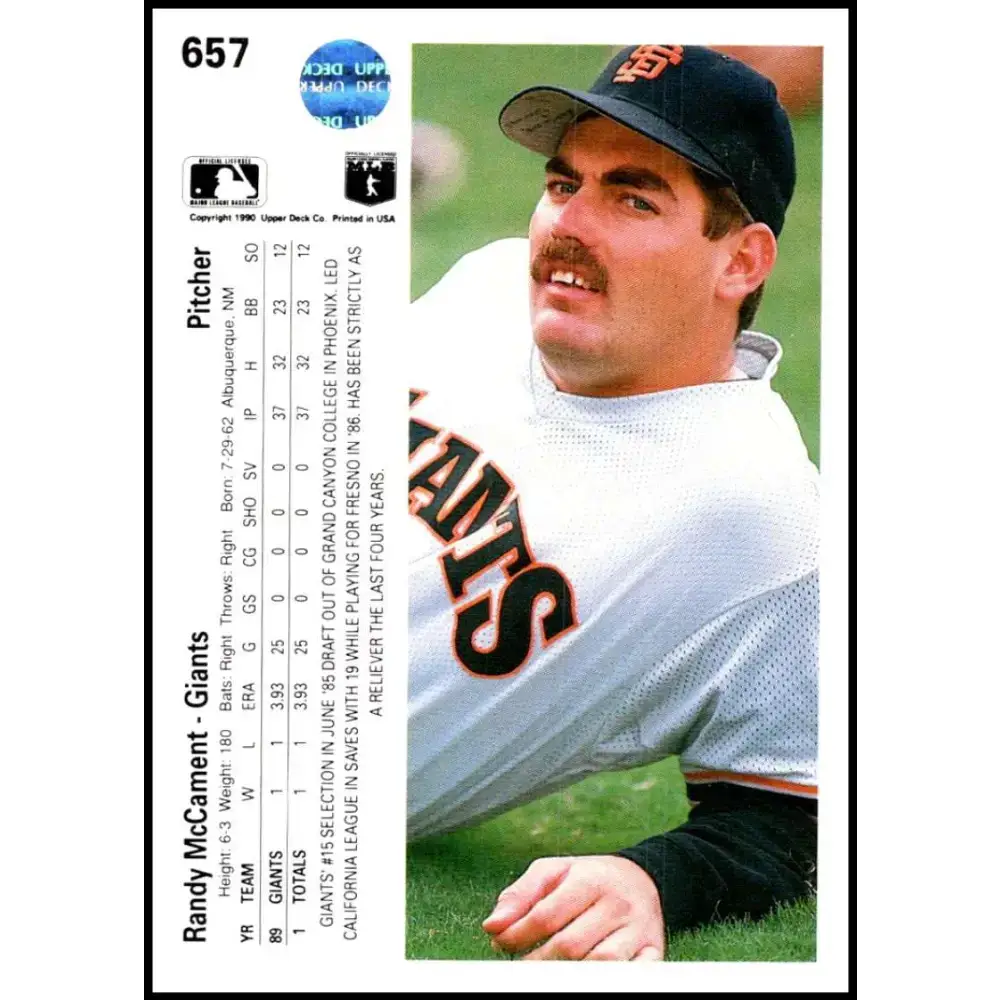 1990 Upper Deck #657 Randy McCament NM-MT RC Rookie San Francisco Giants Baseball Card - Baseball Card Single