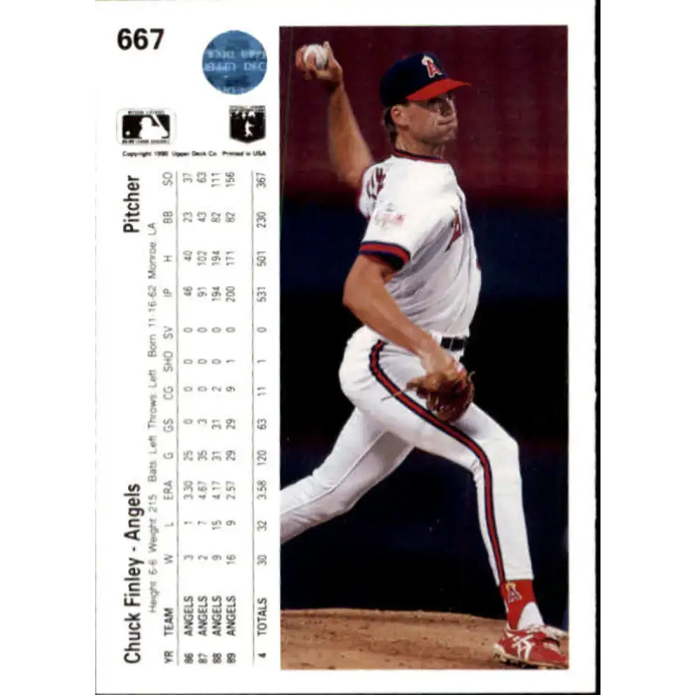 1990 Upper Deck #667 Chuck Finley UER NM-MT California Angels Baseball Card - Baseball Card Single