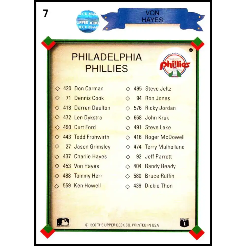 1990 Upper Deck #7 Von Hayes TC NM-MT Philadelphia Phillies Baseball Card - Baseball Card Single