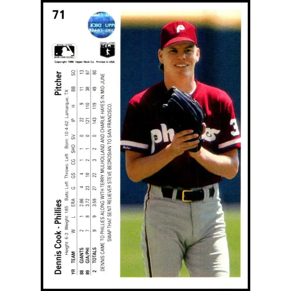 1990 Upper Deck #71 Dennis Cook UER NM-MT Philadelphia Phillies Baseball Card - Baseball Card Single