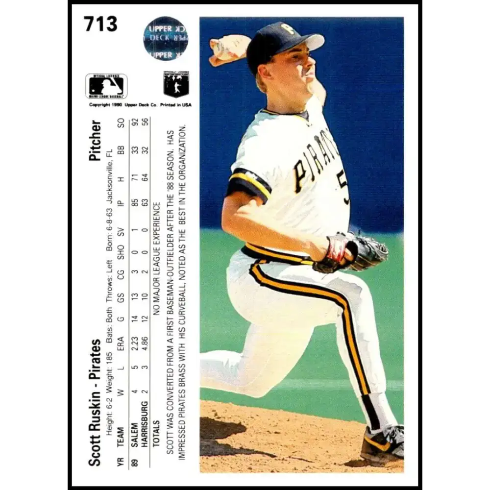 1990 Upper Deck #713 Scott Ruskin NM-MT RC Rookie Pittsburgh Pirates Baseball Card - Baseball Card Single