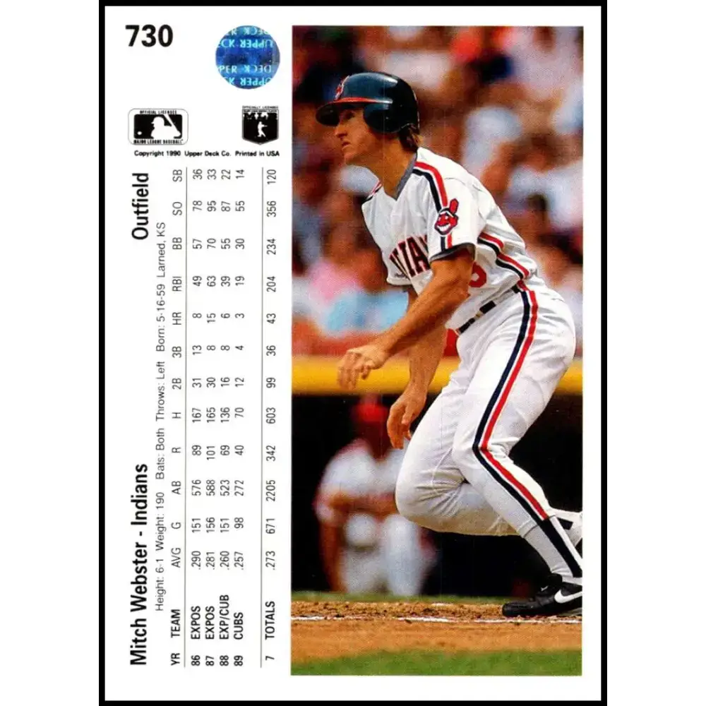 1990 Upper Deck #730 Mitch Webster NM-MT Cleveland Indians Baseball Card - Baseball Card Single