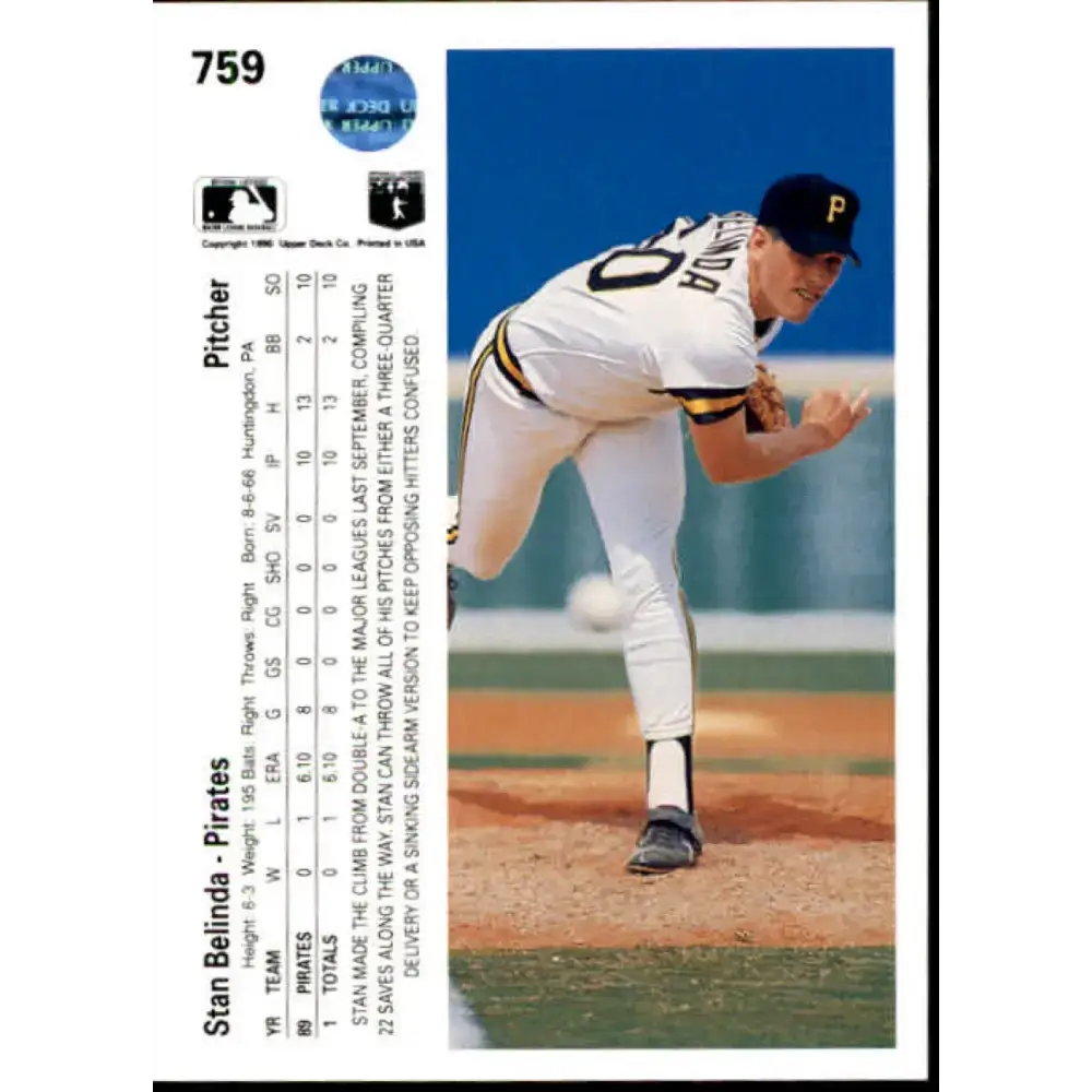 1990 Upper Deck #759 Stan Belinda NM-MT RC Rookie Pittsburgh Pirates Baseball Card - Baseball Card Single