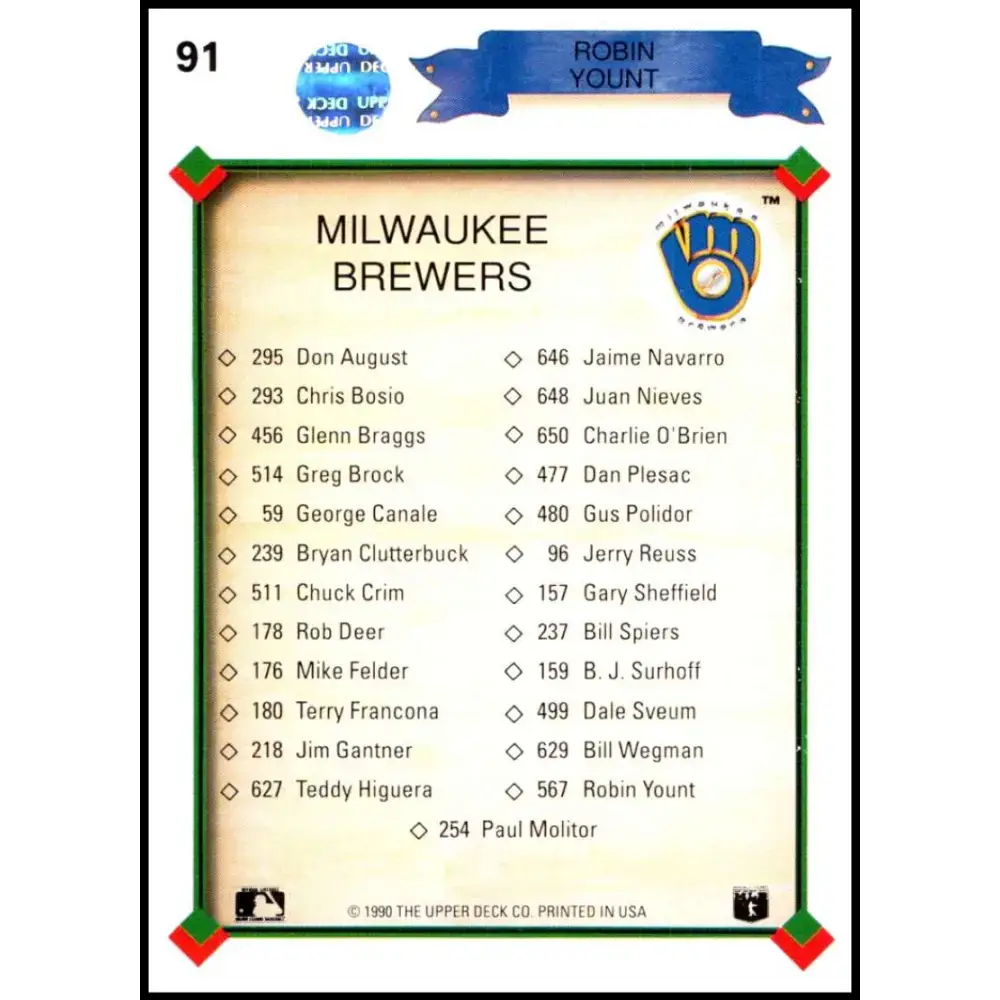 1990 Upper Deck #91 Robin Yount TC UER NM-MT Milwaukee Brewers Baseball Card - Baseball Card Single