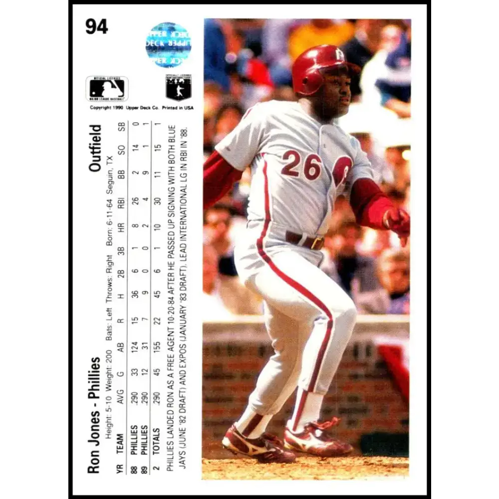 1990 Upper Deck #94 Ron Jones NM-MT Philadelphia Phillies Baseball Card - Baseball Card Single