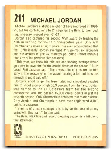 Michael Jordan basketball card back with original gloss from 1991-92 Fleer #211