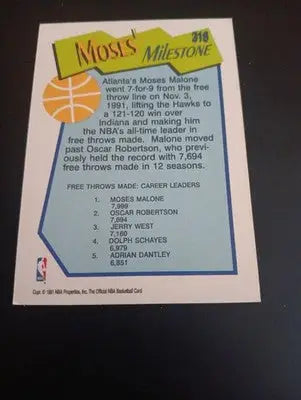 1991-92 NBA Hoops - Milestones Moses Malone #318. Hawks. NRMT+ - Basketball Card Single