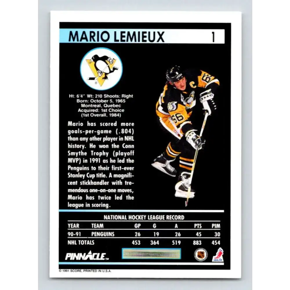 1991-92 Pinnacle #1 Mario Lemieux NM-MT Pittsburgh Penguins Hockey Card - Hockey Card Single
