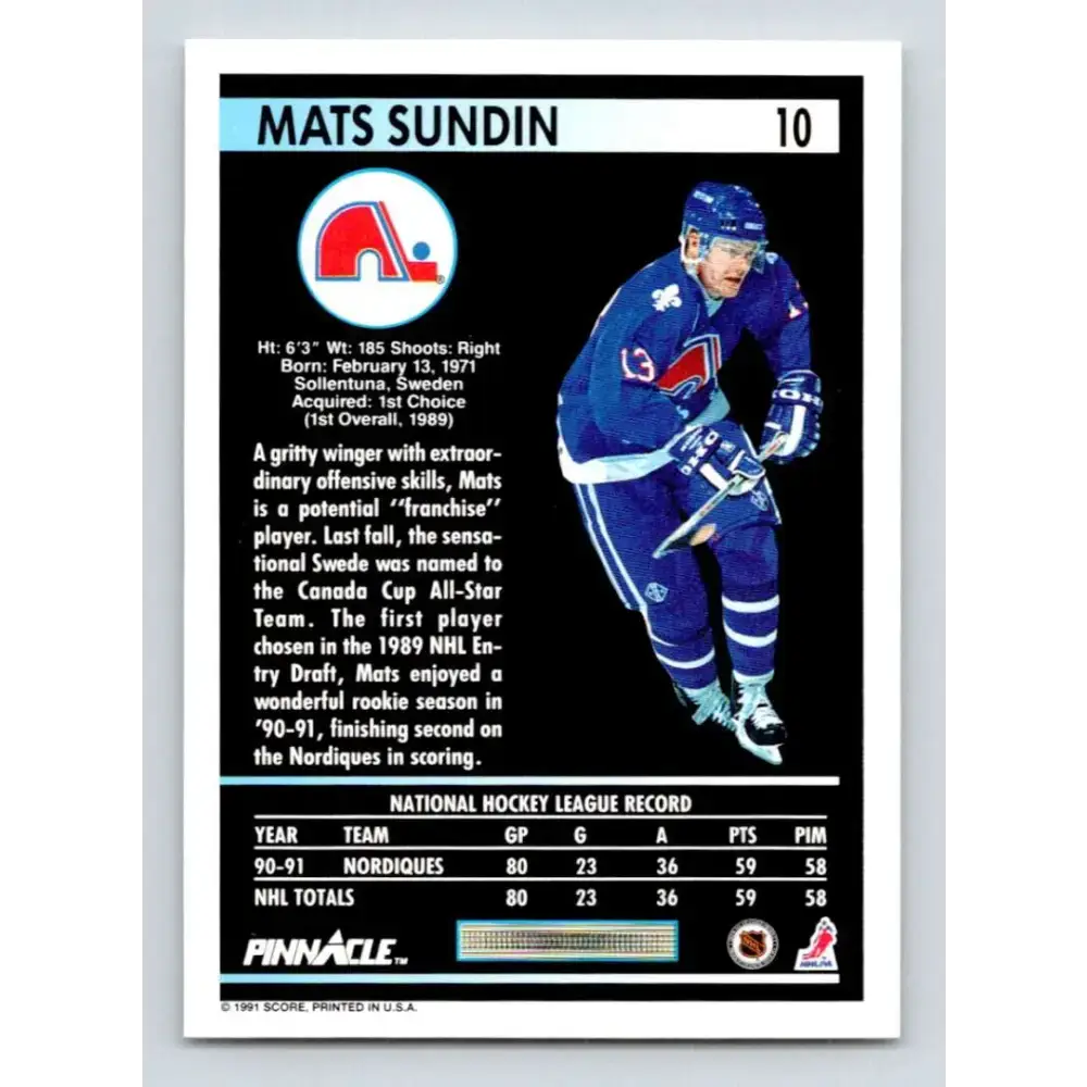 1991-92 Pinnacle #10 Mats Sundin NM-MT Quebec Nordiques Hockey Card - Hockey Card Single