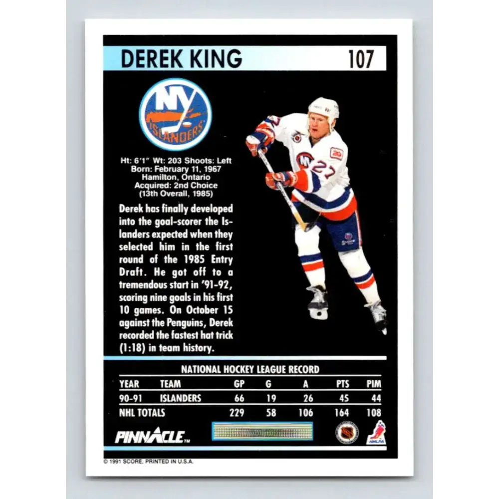 1991-92 Pinnacle #107 Derek King NM-MT New York Islanders Hockey Card - Hockey Card Single