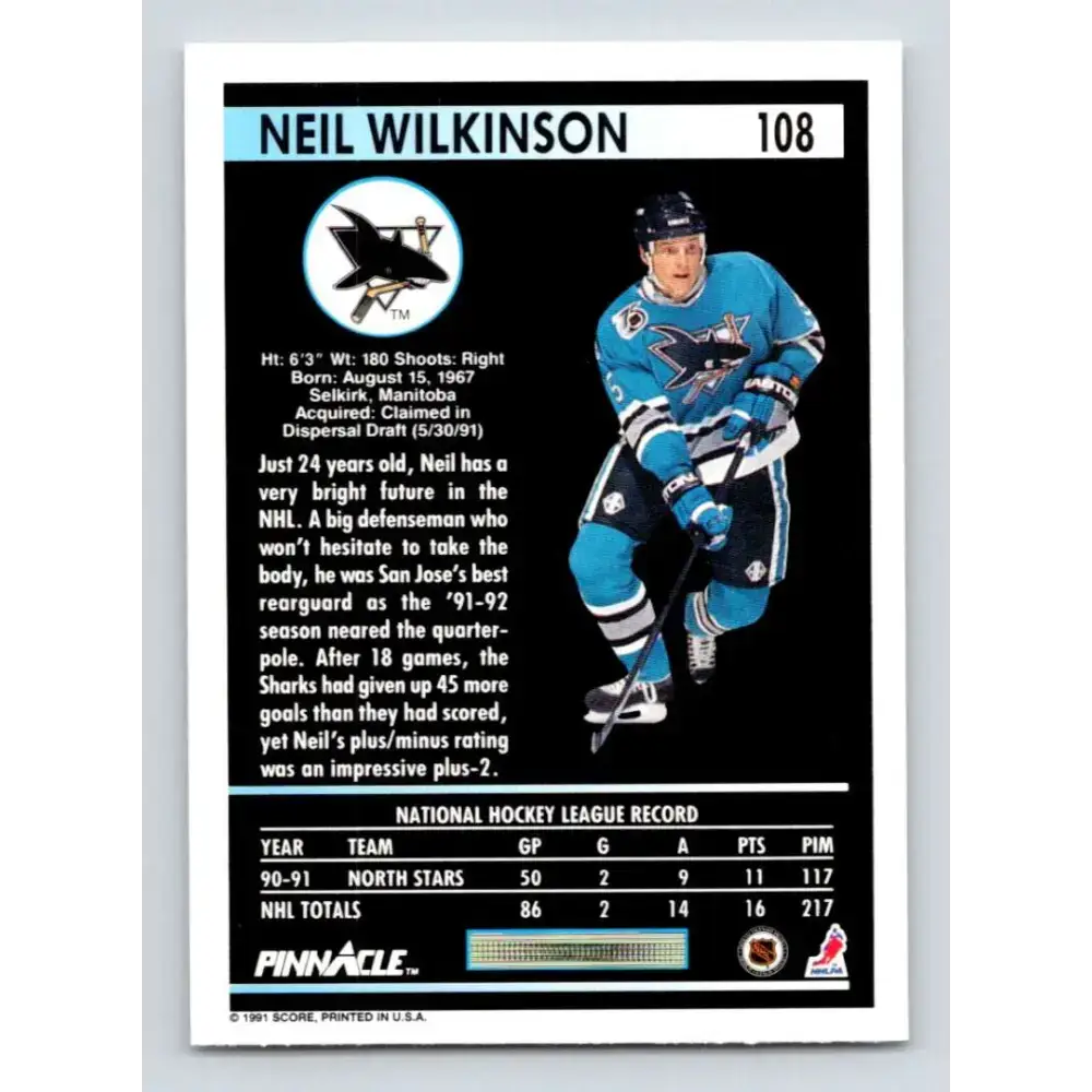 1991-92 Pinnacle #108 Neil Wilkinson NM-MT San Jose Sharks Hockey Card - Hockey Card Single