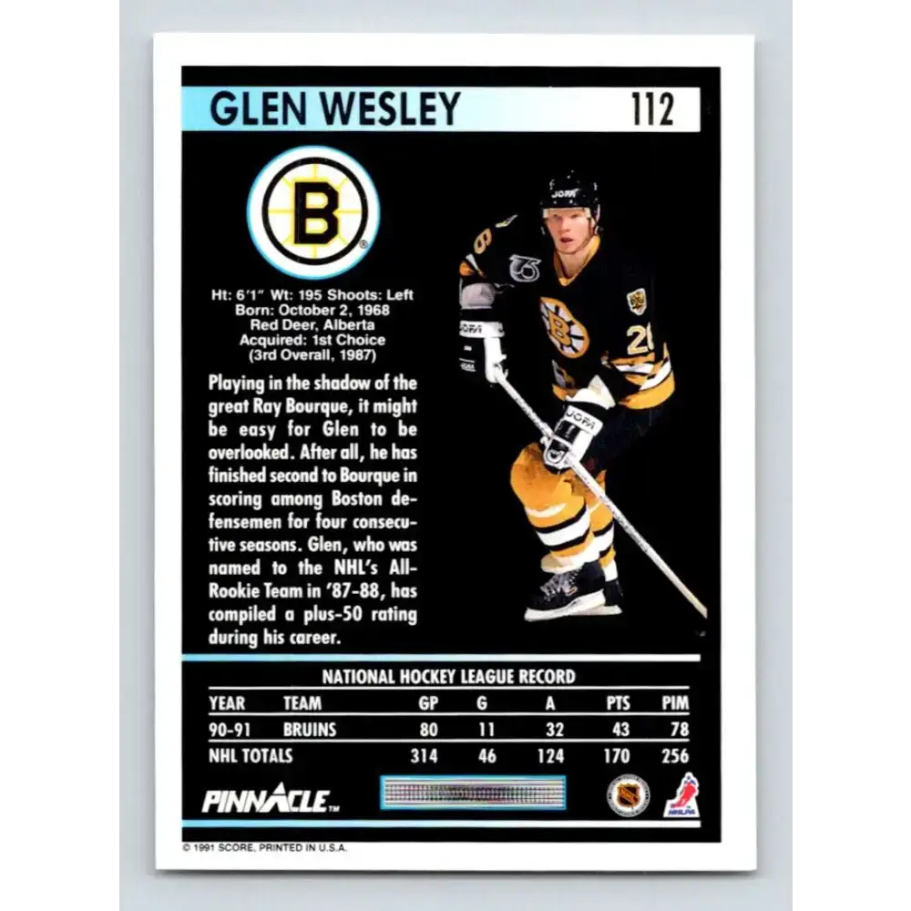 1991-92 Pinnacle #112 Glen Wesley NM-MT Boston Bruins Hockey Card - Hockey Card Single