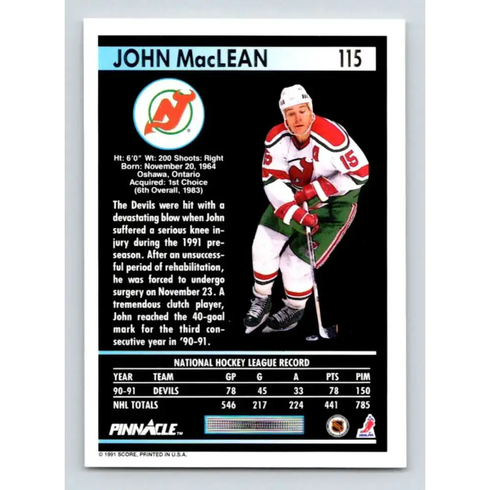 1991-92 Pinnacle #115 John MacLean NM-MT New Jersey Devils Hockey Card - Hockey Card Single