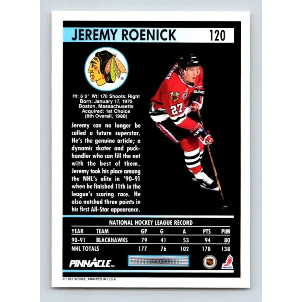 1991-92 Pinnacle #120 Jeremy Roenick NM-MT Chicago Blackhawks Hockey Card - Hockey Card Single