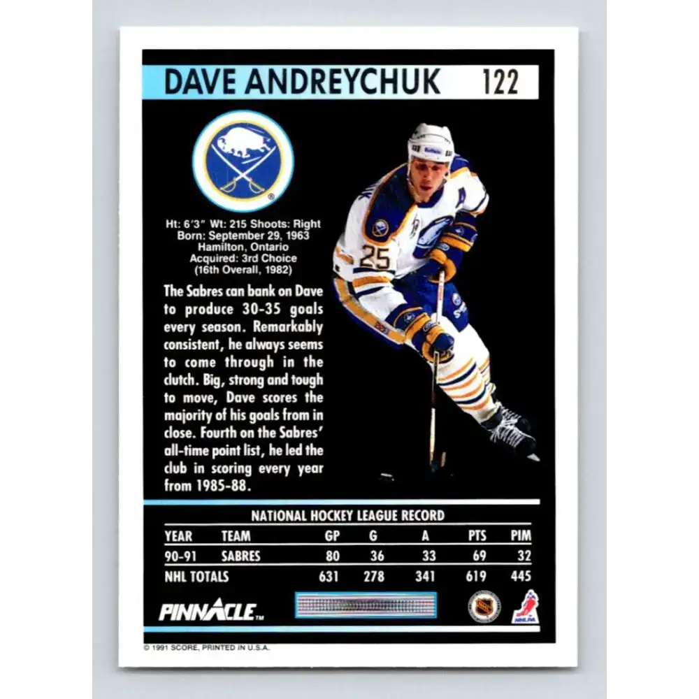1991-92 Pinnacle #122 Dave Andreychuk NM-MT Buffalo Sabres Hockey Card - Hockey Card Single