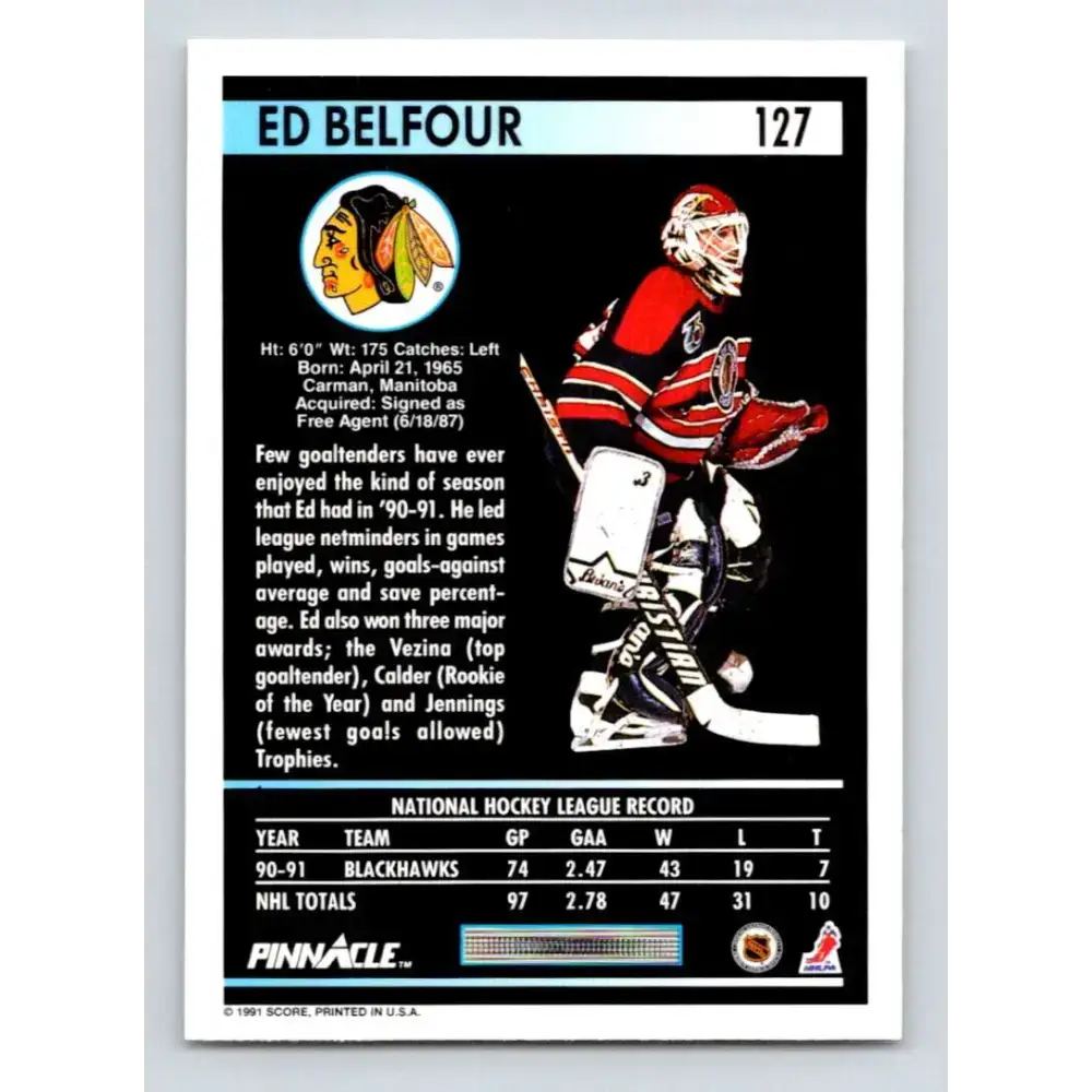 1991-92 Pinnacle #127 Ed Belfour NM-MT Chicago Blackhawks Hockey Card - Hockey Card Single