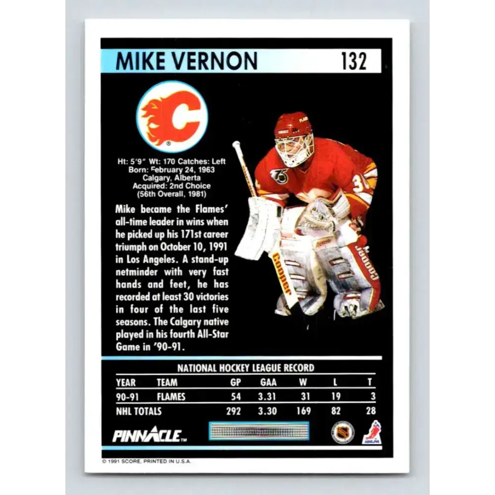1991-92 Pinnacle #132 Mike Vernon NM-MT Calgary Flames Hockey Card - Hockey Card Single