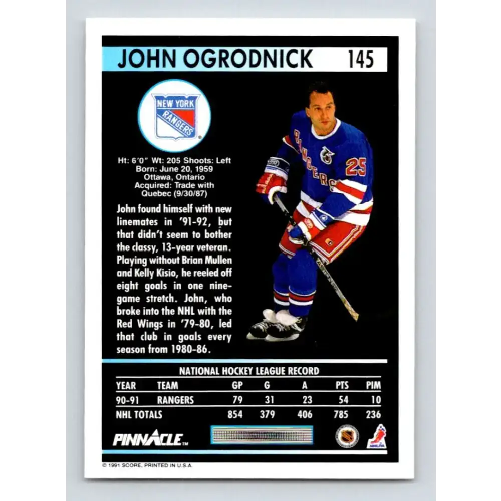 1991-92 Pinnacle #145 John Ogrodnick NM-MT New York Rangers Hockey Card - Hockey Card Single