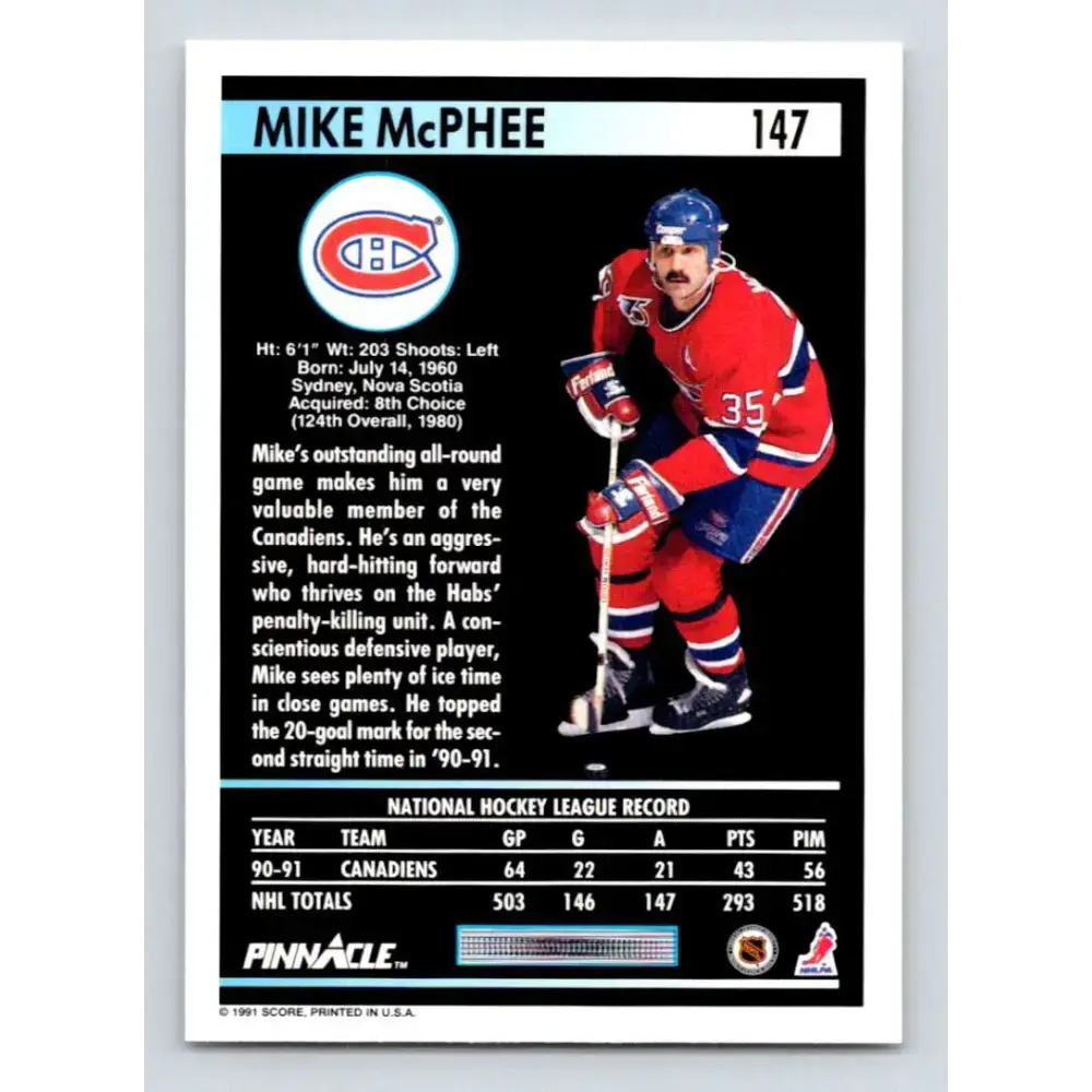 1991-92 Pinnacle #147 Mike McPhee NM-MT Montreal Canadiens Hockey Card - Hockey Card Single