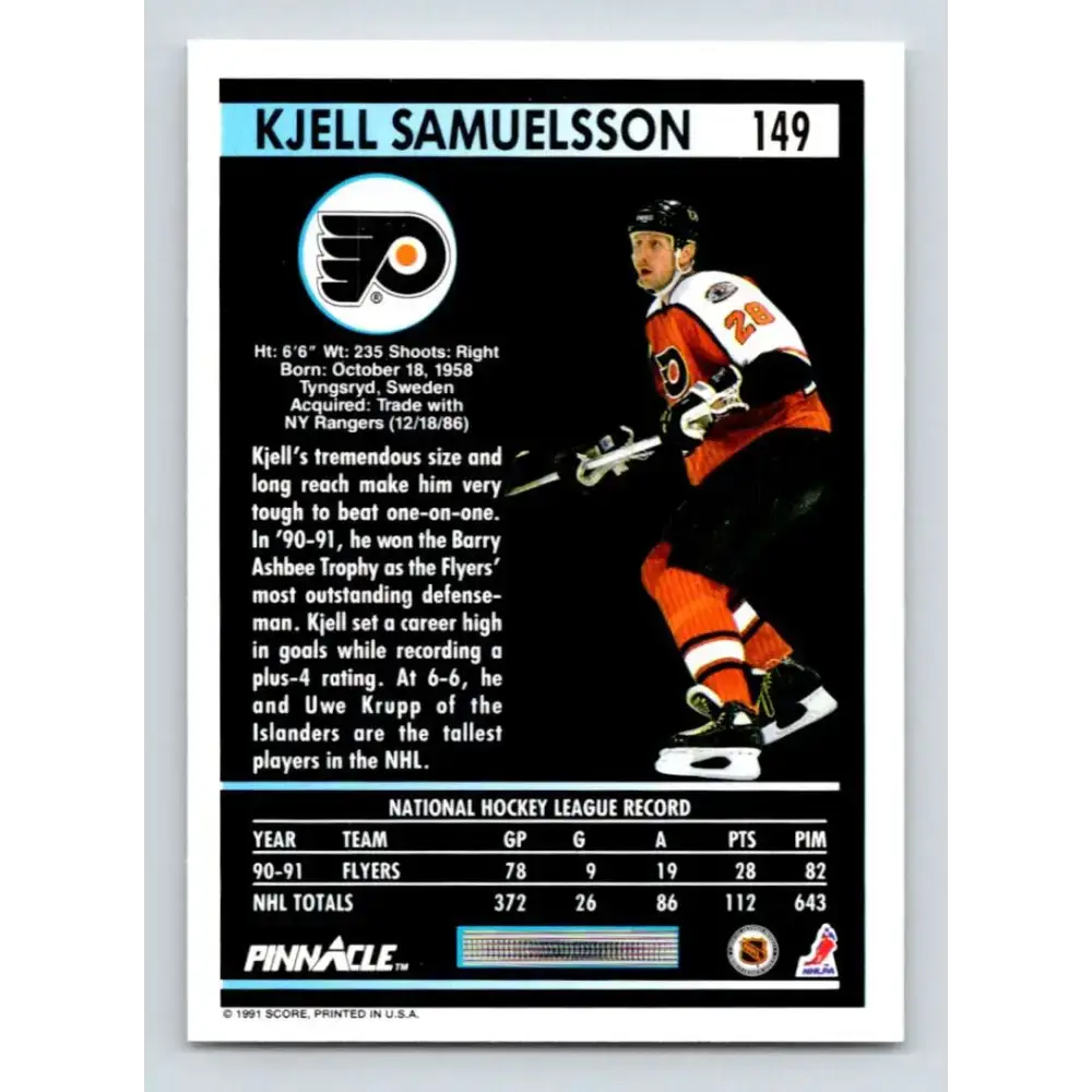 1991-92 Pinnacle #149 Kjell Samuelsson NM-MT Philadelphia Flyers Hockey Card - Hockey Card Single