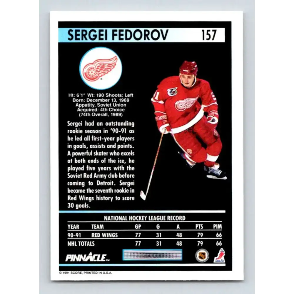 1991-92 Pinnacle #157 Sergei Fedorov NM-MT Detroit Red Wings Hockey Card - Hockey Card Single
