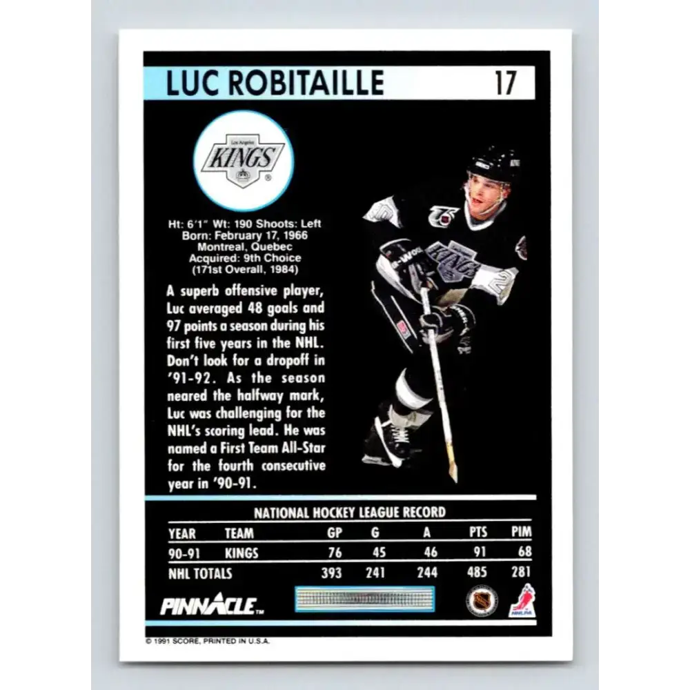 1991-92 Pinnacle #17 Luc Robitaille NM-MT Los Angeles Kings Hockey Card - Hockey Card Single