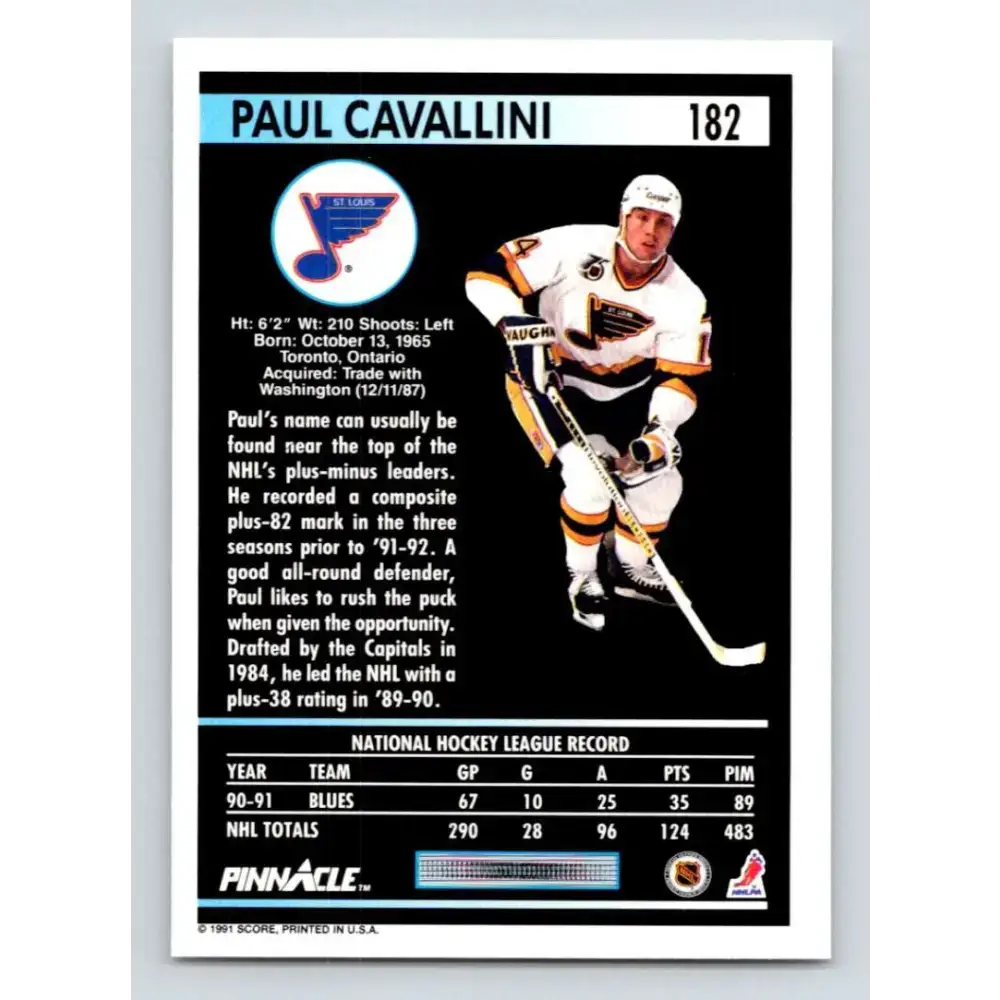 1991-92 Pinnacle #182 Paul Cavallini NM-MT St. Louis Blues Hockey Card - Hockey Card Single