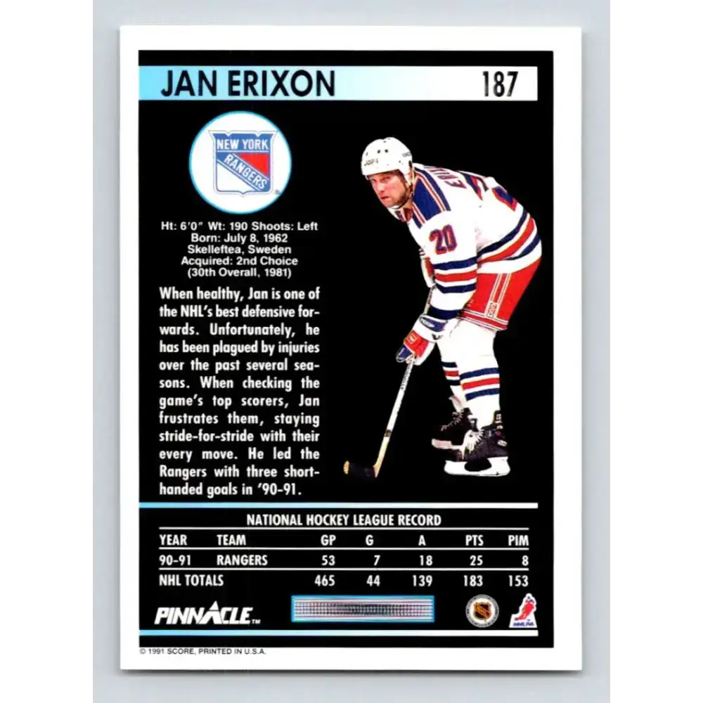 1991-92 Pinnacle #187 Jan Erixon NM-MT New York Rangers Hockey Card - Hockey Card Single