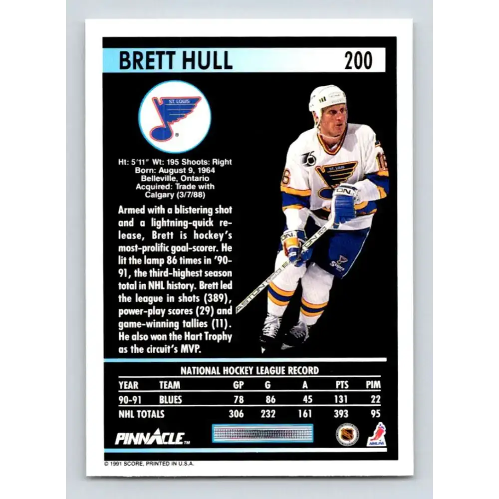 1991-92 Pinnacle #200 Brett Hull NM-MT St. Louis Blues Hockey Card - Hockey Card Single